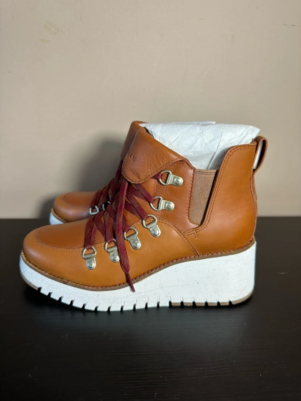 Cole Haan Cognac Leather Wedge Hiker Boots with Burgundy Laces Women’s US 5.5 - Picture 2 of 9